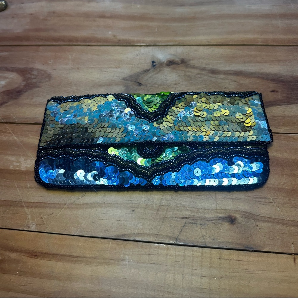 K.C  Malhan sequined  clutch beautiful colors blue green peacock vibe